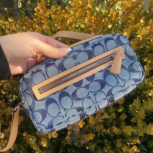 Denim Coach Crossbody with brown leather trim